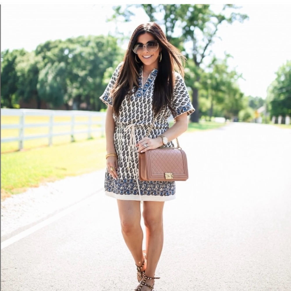 Tory Burch Guru Border Amara Short Sleeve Graphic Print Pima Cotton Dress Ss S